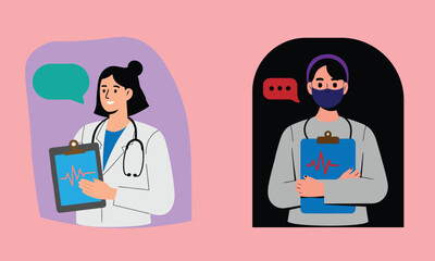 doctor and nurse in hospital. Female Doctor Illustration with Clipboard and Botanical Accents on Vector Style on White Background