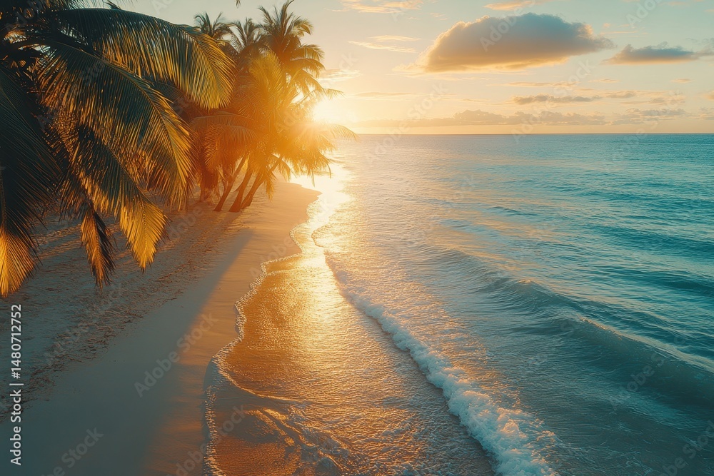 Aufkleber beautiful tropical beach during sunset with palm trees lining the shore and gentle waves lapping at 
