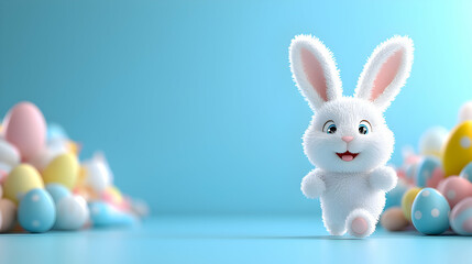 Obraz premium Fluffy White Easter Bunny with Pastel Eggs on Blue Background