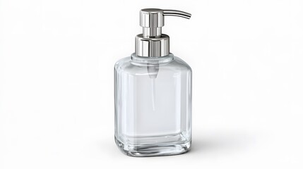 A stylish, clear glass soap dispenser with a sleek silver pump on a bright white background.