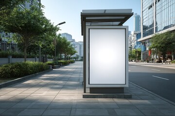 Blank advertisement space at an urban bus stop provides marketing potential.