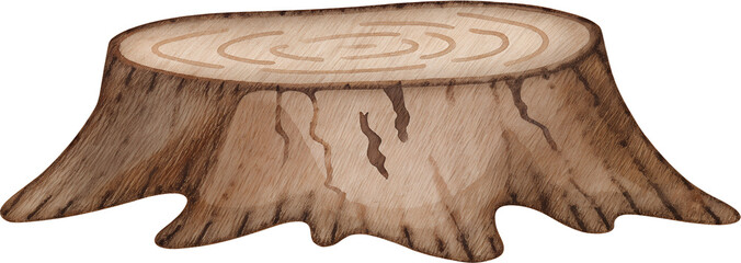 Watercolor illustration of a tree stump with visible growth rings on a transparent background. © beyouenked