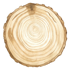 Watercolor illustration of a tree stump slice with growth rings on a transparent background.