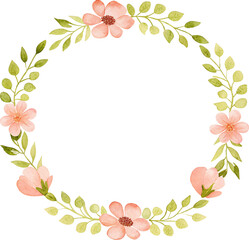 Watercolor floral wreath with peach flowers and green leaves on a transparent background.