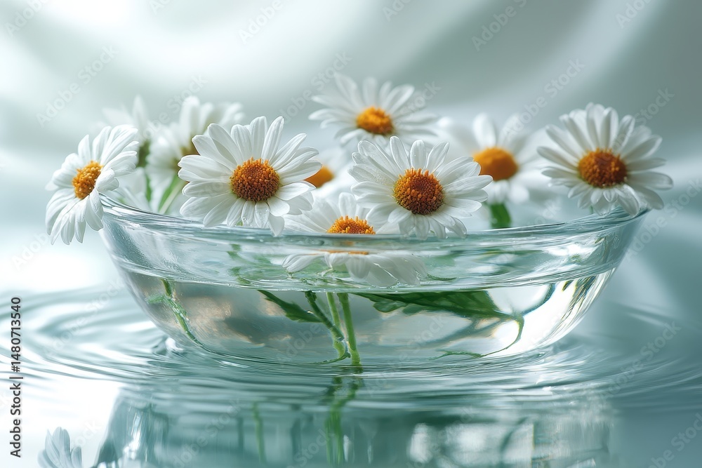 Poster Daisies floating in a glass bowl with clear water, creating a serene and calming atmosphere in a soft indoor light setting