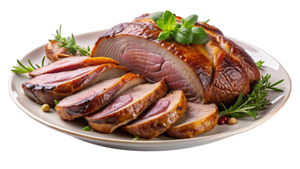 Delicious roasted pork loin recipe with herbs and spices for thanksgiving or christmas dinner on transparent background