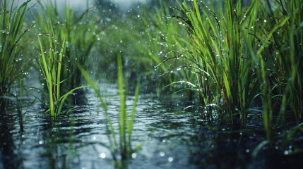 Fototapeta premium Rain-soaked rice plants in a field, water droplets cling to the vibrant greenery.