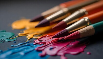 Obraz premium Closeup of Colorful Paintbrushes with Paint on a Dark Surface created with generative ai