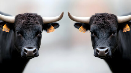 Two Black Bulls Head and Shoulders Portrait