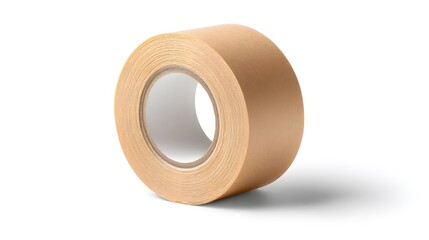 A close-up shot of a roll of brown masking tape, isolated on a white surface.