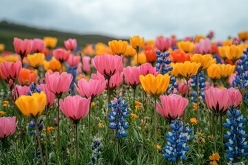 Obraz premium Colorful wildflowers spreading across a lush green spring field