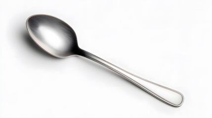 A sleek, isolated stainless steel spoon is displayed on a clean white background.