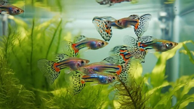 Colorful guppies in aquarium tank