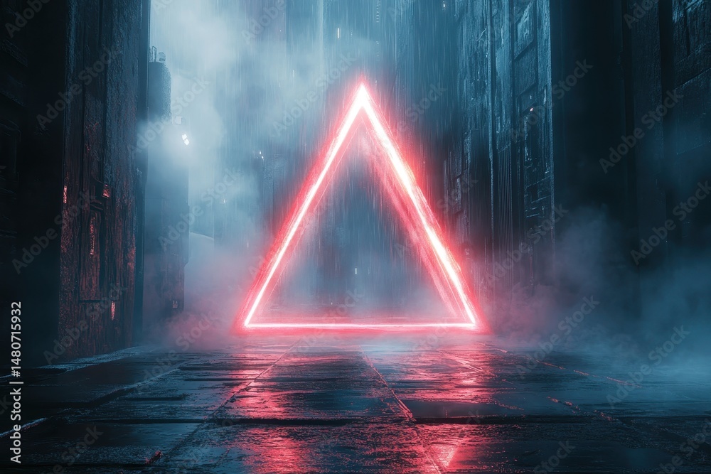 Aufkleber bright neon triangle illuminates a dark alley filled with mist, creating a mysterious and futuristic