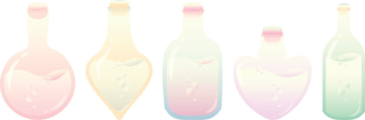 Colorful potion bottle clipart set with pastel gradient liquid. Fantasy-themed magic elixirs in unique shapes. Perfect for game UI, stickers, prints, or Halloween design.