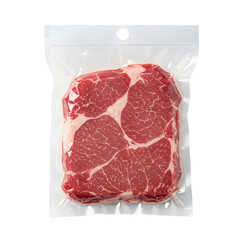 Freshly sealed ribeye steak in vacuum packaging ready for cooking or grilling at home