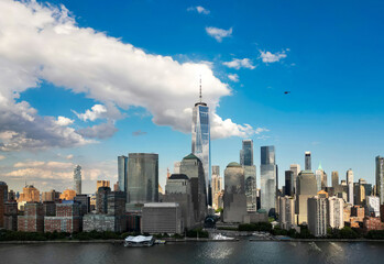 Manhattan aerial skyline, New York, United States. Panorama view of New York city skyscrapers in Manhattan. USA NYC. Lower NYC skyline. New York cityscape. New York City from top. NY city.