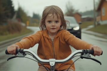 Obraz premium A young girl learning how to ride a bicycle, with training wheels and a look of determination