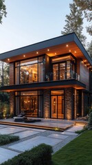 Fototapeta premium Modern Luxury Two Story Home Exterior at Dusk Illuminated Stone Facade Large Windows
