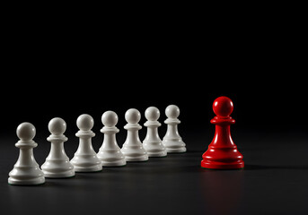 Red Chess Piece Leading White Pawns on Black Background Leadership Strategy Concept