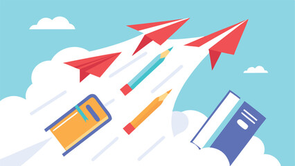 Educational supplies soar propelled by paper airplanes symbolizing the exciting journey of learning and knowledge bright