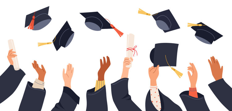 Hands in academic gowns holding diploma, throwing up graduation caps Happy moments of celebration finishing college Symbol of success, achievement Vector design for education themed invitation, banner