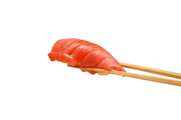 Tuna nigiri sushi held by wooden chopsticks, isolated on transparent background for food design or menu use.