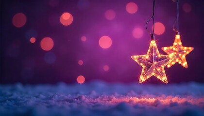 Fototapeta premium christmas stars hanging lights with a wire illumination glitter Illumination and snow blurred purple background for new year and christmas season created with generative ai