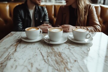 Friends enjoy coffee and conversation at a cozy cafe with intricately designed lattes on a marble table during a relaxing afternoon