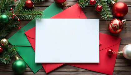 Christmas letter to Sant blank white Letter and red , green envelopes on table with festive decorations top view plain table created with generative ai