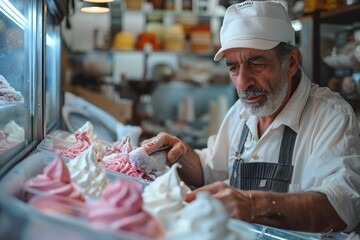 An artisan gelato maker carefully crafting delicious, colorful treats in a traditional ice cream shop.