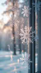 Winter Photography of Snowflakes on Frosted Glass in Icy Scenery: Capturing Nature's Serene Landscape in a Tranquil Winter Wonderland with Natural Light