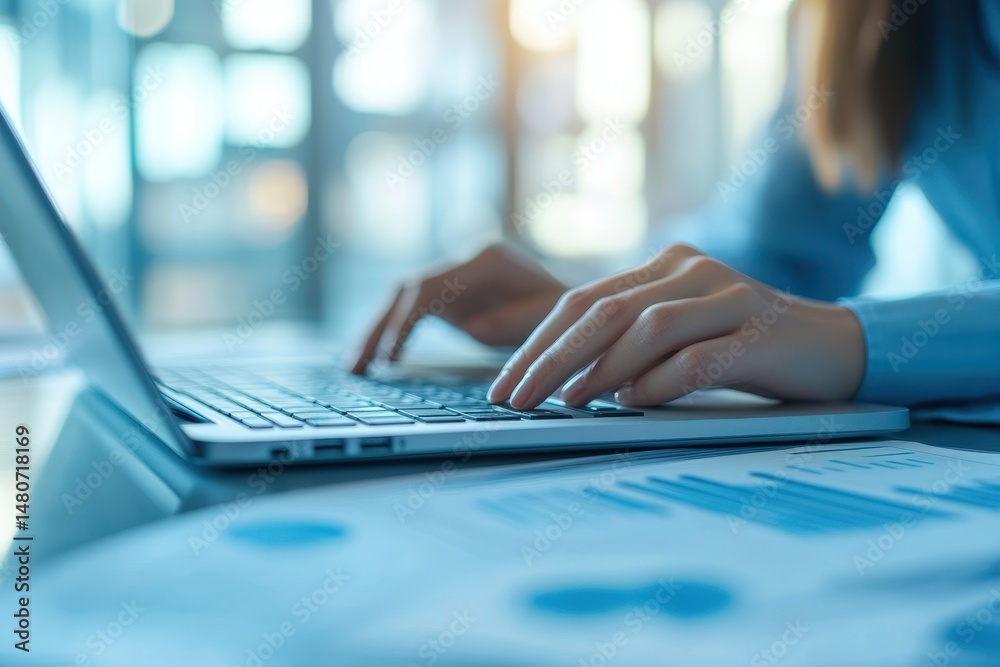 Leinwandbilder focused individual typing on a laptop while analyzing data and reports in a bright office environmen
