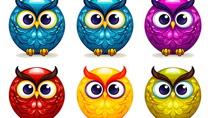 Fototapeta premium Collection of Whimsical Cartoon Owls Arranged in Oval Shapes for Creative Design Projects