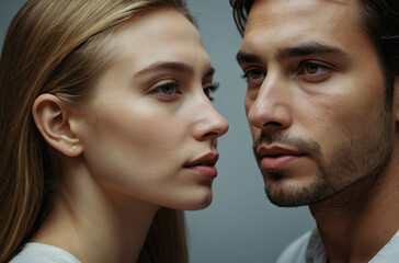 Fototapeta premium Close-Up Portrait of a Diverse Young Couple: Intimate Expressions, Modern Photography, and Romantic Connection