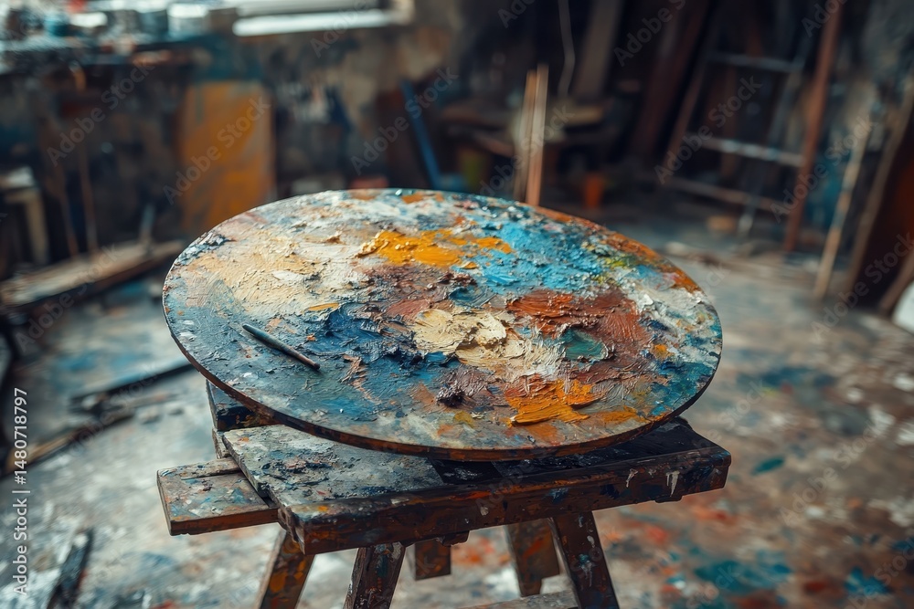 Poster vivid colors and textures on an artist's paint-stained table in a rustic studio filled with creative