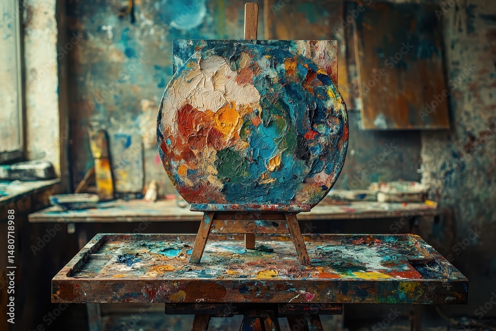 Poster vivid colors and textures on an artist's paint-stained table in a rustic studio filled with creative