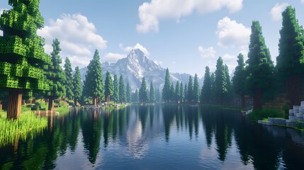 Pixelated mountain landscape reflecting in a still lake.