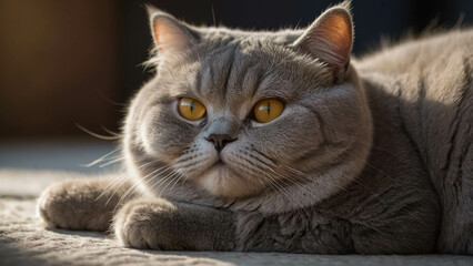 Adorable British Shorthair with Grey Fur: Relaxed Pet Cat Close-Up in Soft Indoor Lighting