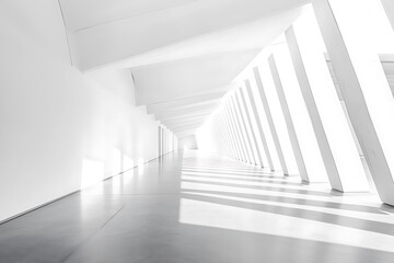 Modern Architecture Hallway with White Columns and Bright Light Reflection, Minimalist
