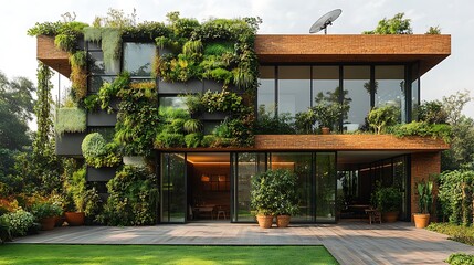 Sustainable architecture home with lush greenery high resolution picture