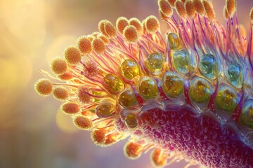 An intricate close-up of flower parts, showcasing golden spherical tips and vibrant, colorful textures against a soft, bokeh-lit background.