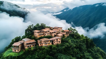 Fototapeta premium A collection of beige buildings nestled amidst a lush mountainside, surrounded by clouds.