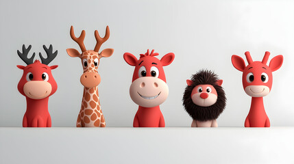 Fototapeta premium Five Cute Red Cartoon Animals on White Background