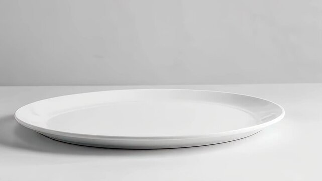 empty white ceramic plate on neutral surface ready for food and beverage preparation