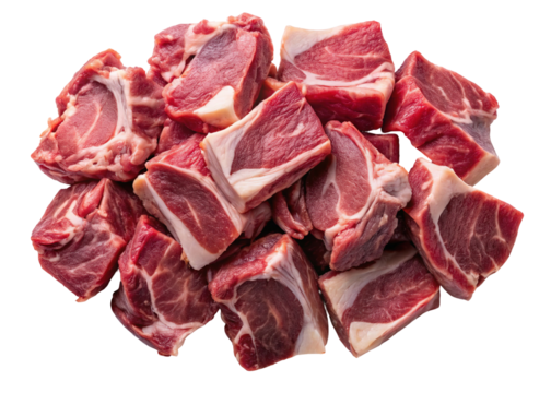 Fresh raw lamb meat cubes for sale at butcher shop high quality protein food ingredient 90 char on transparent background