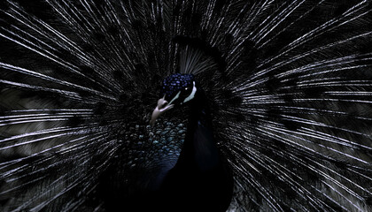 Obraz premium Majestic dark-plumaged bird displays its iridescent tail feathers in a captivating close-up. The intricate detail of each feather is striking