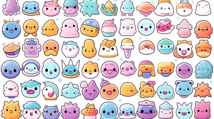 Cute kawaii pattern background with adorable stickers for scrapbooking and craft projects