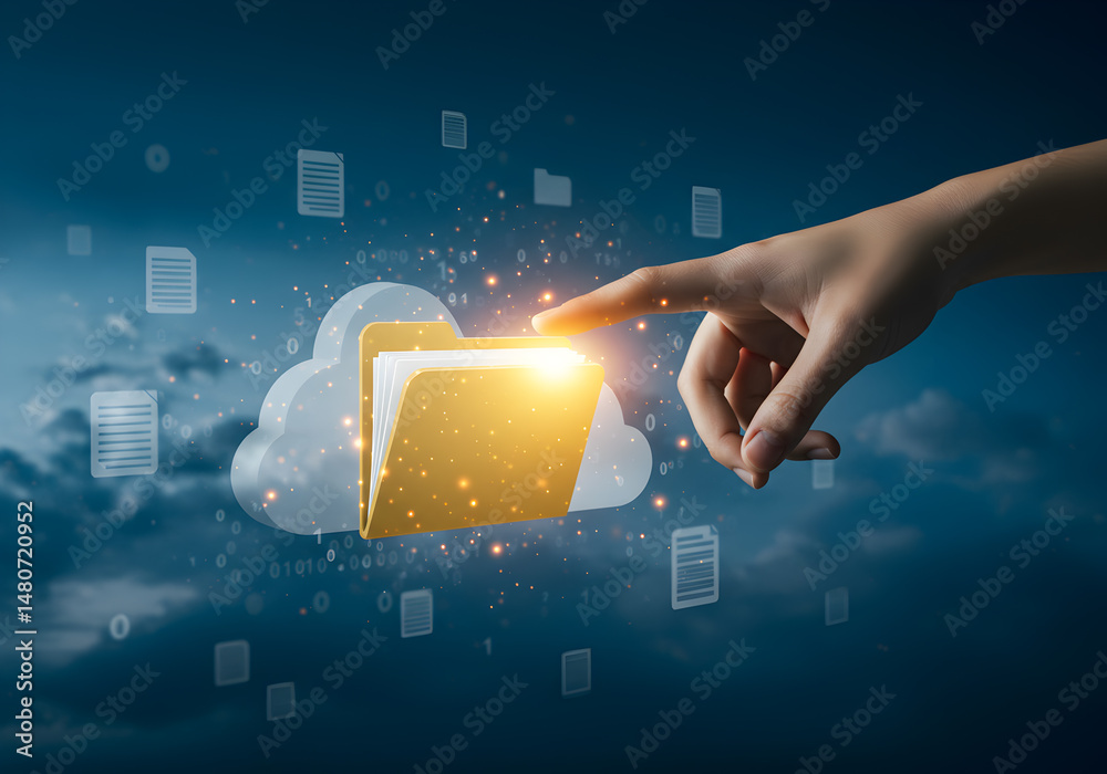 Poster hand reaching for a glowing digital folder in a cloud computing network representing data storage an