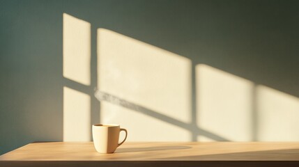 Obraz premium A steaming cup of hot coffee sits on a wooden table in the foreground. steaming cup on table with window light 